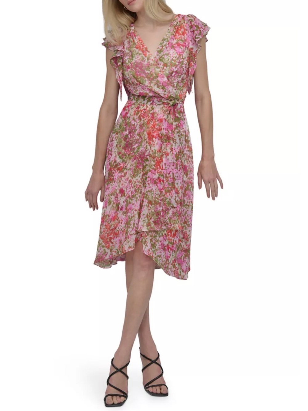 DKNY Pink Floral High-Low Wrap Dress